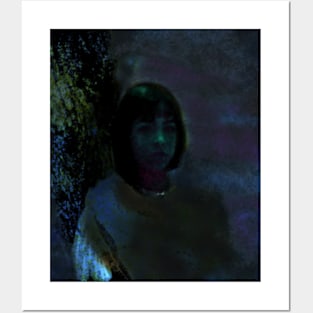 Portrait, digital collage and special processing. Lovely girl, sitting near tree. Night dreams. Blue and aquamarine. Posters and Art